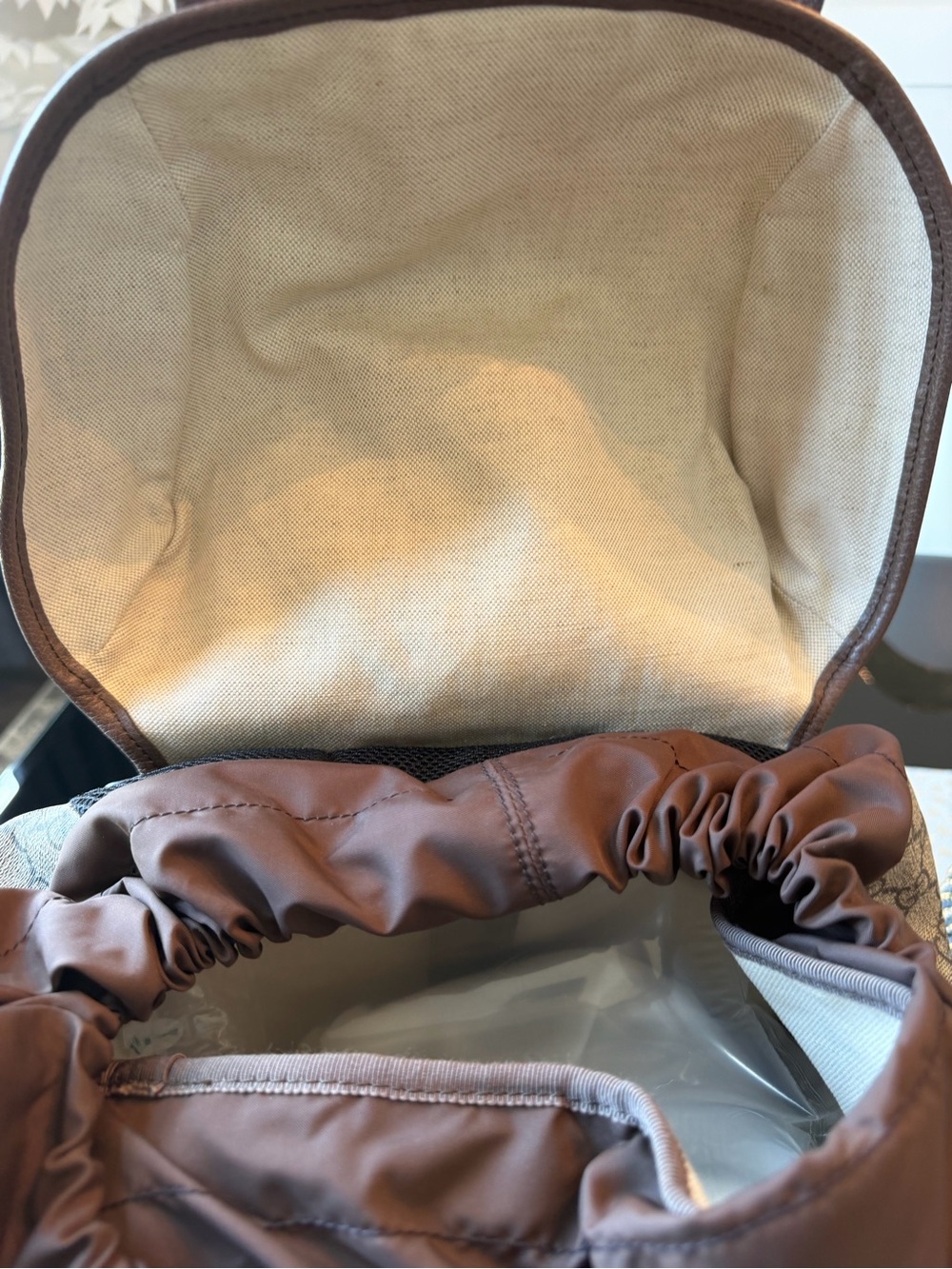 Gucci GG Supreme Coated Canvas Backpack with Red & Green Stripe and Brown Trim - Picture 11 of 16